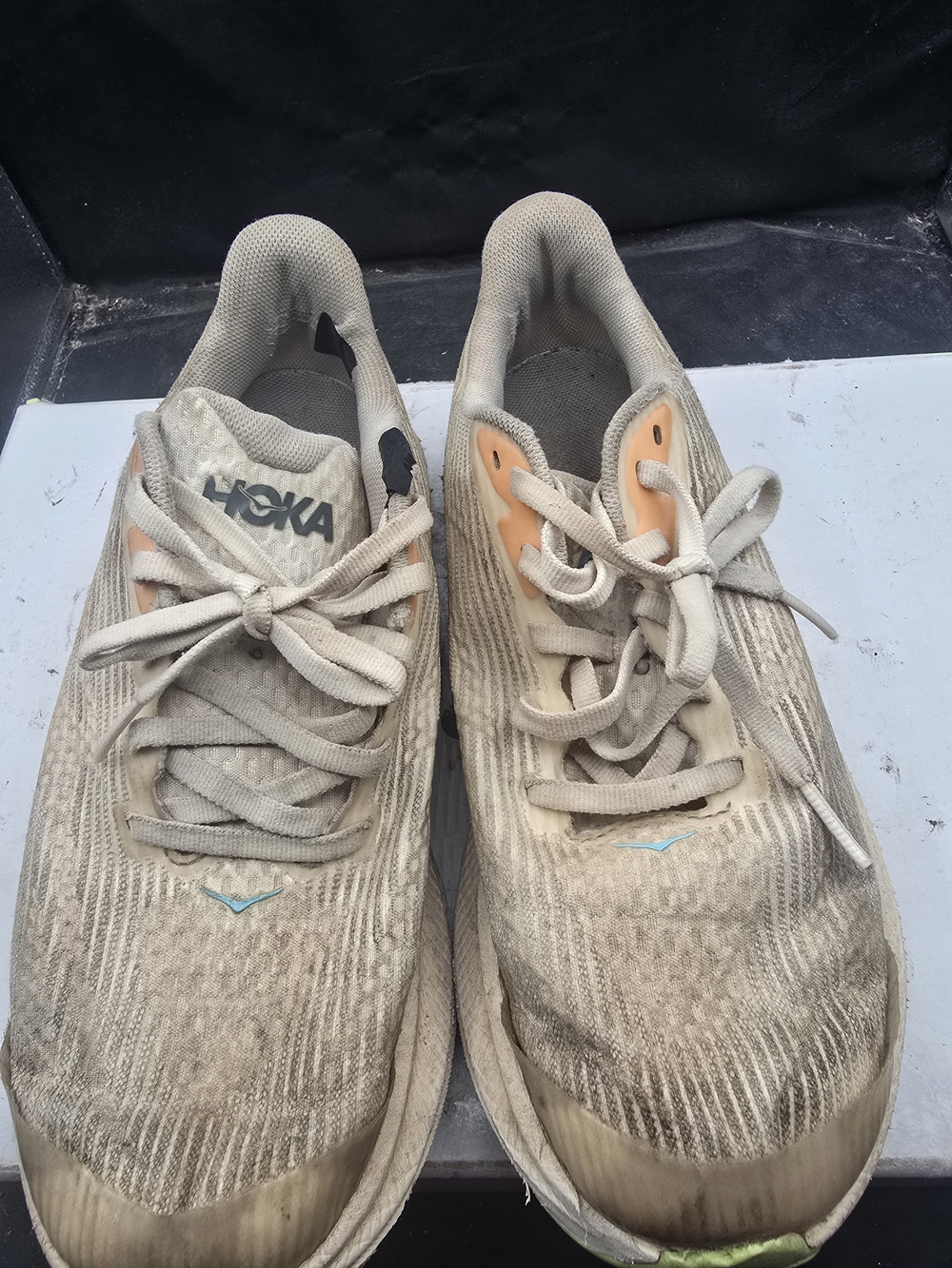 Hoka Beige Sneakers with Peach Eyelets and Light Blue Logo